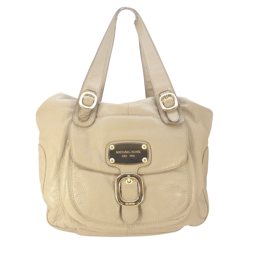 Michael Kors Beverly Shoulder Bag Beige Pebbled Leather Excellent Buckle Accent